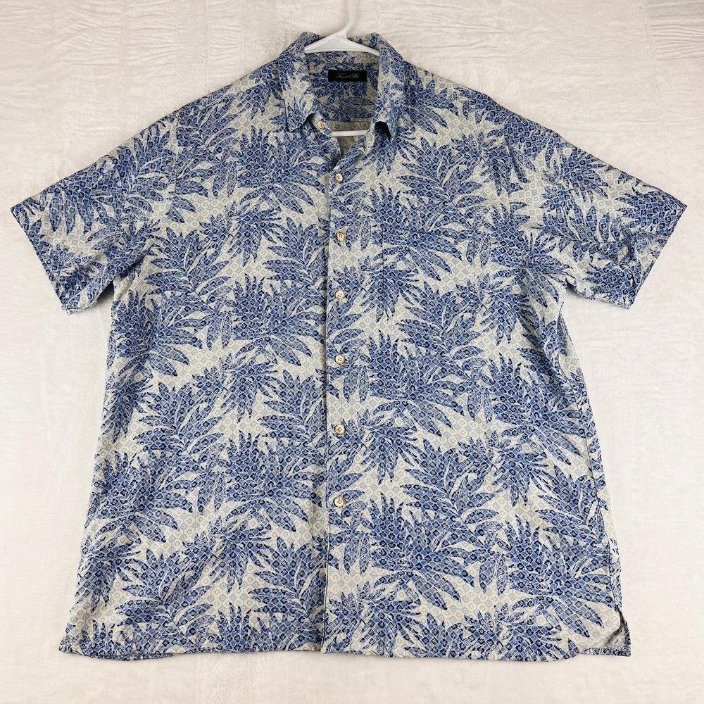 Tasso Elba Men's Large Blue Tropical Floral Silk Blend Short Sleeve Shirt
